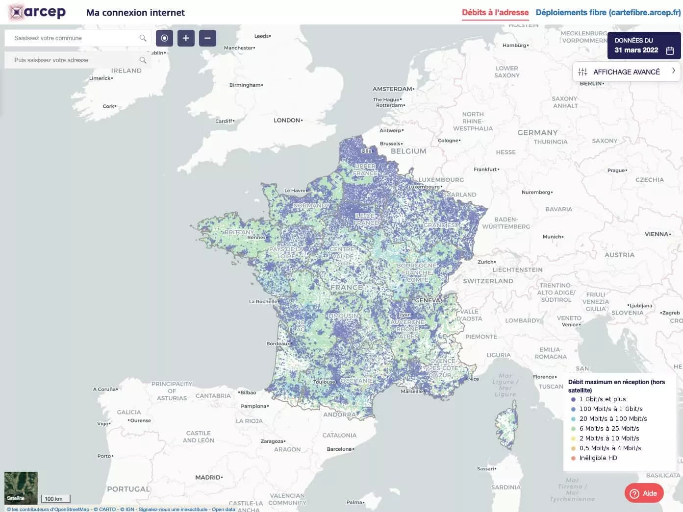 Carte interactive du site de l&rsquo;ARCEP Ma connexion internet